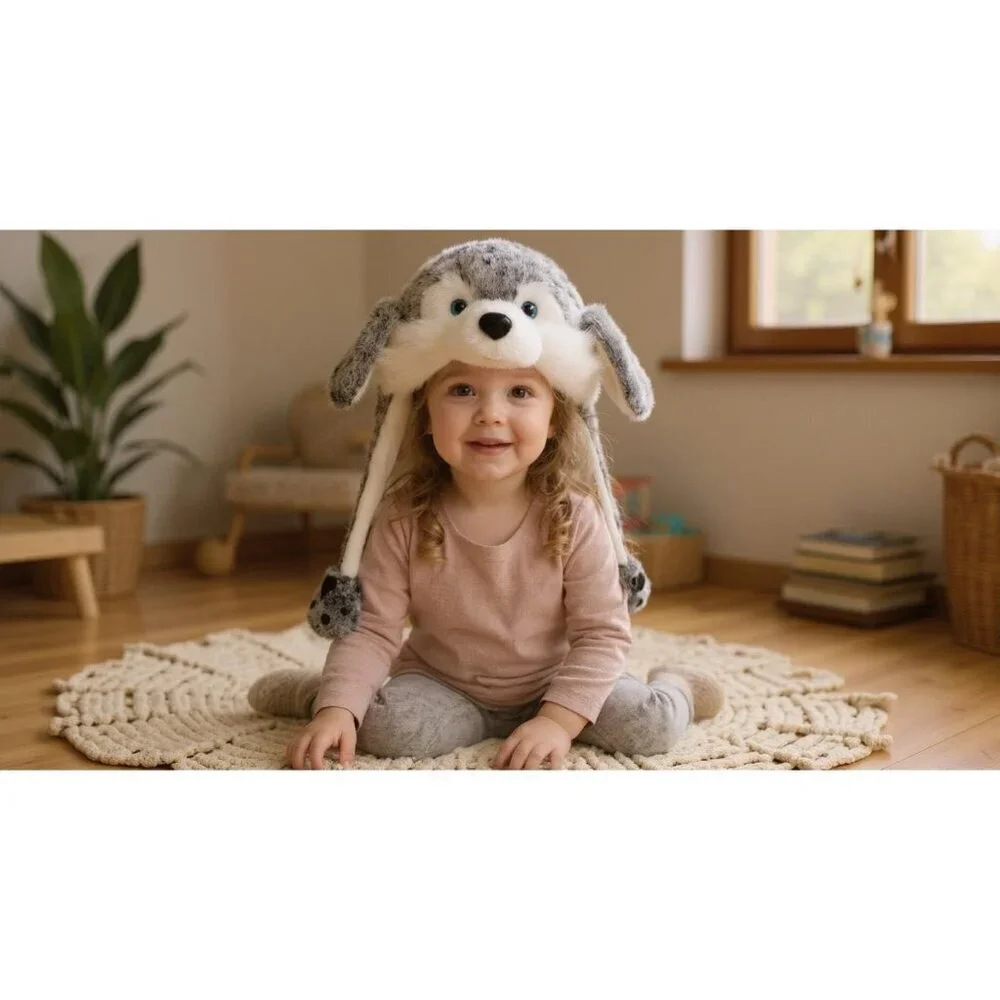Kids Wolf Rainbow Animal Hat with Ears Moving Jumping Pop Up Beating Plush
